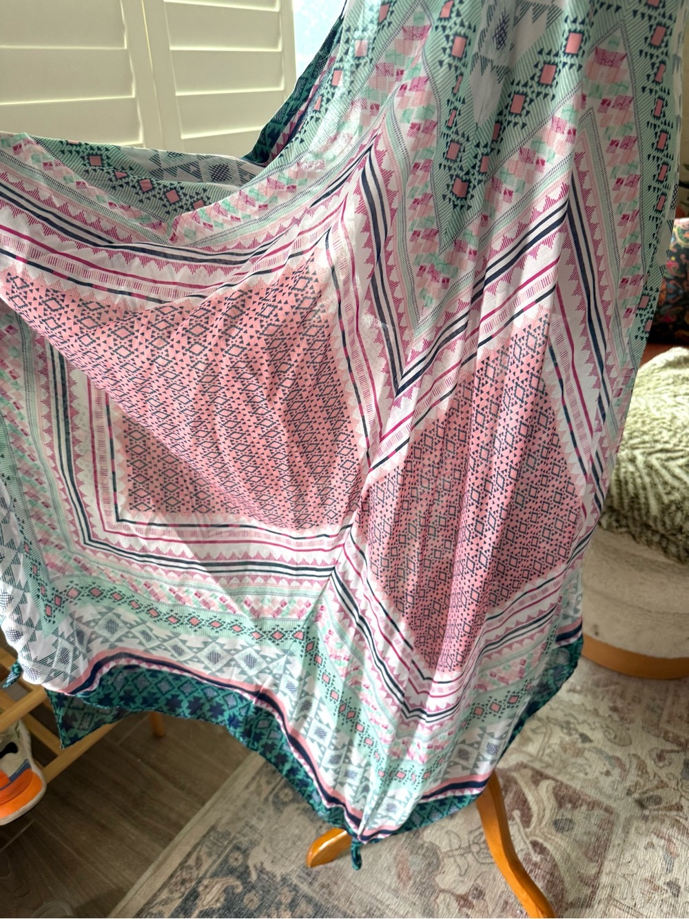 F21 Sheer Boho V-Neck Pink & Teal Maxi Cover Up/Dress - Picture 3 of 5